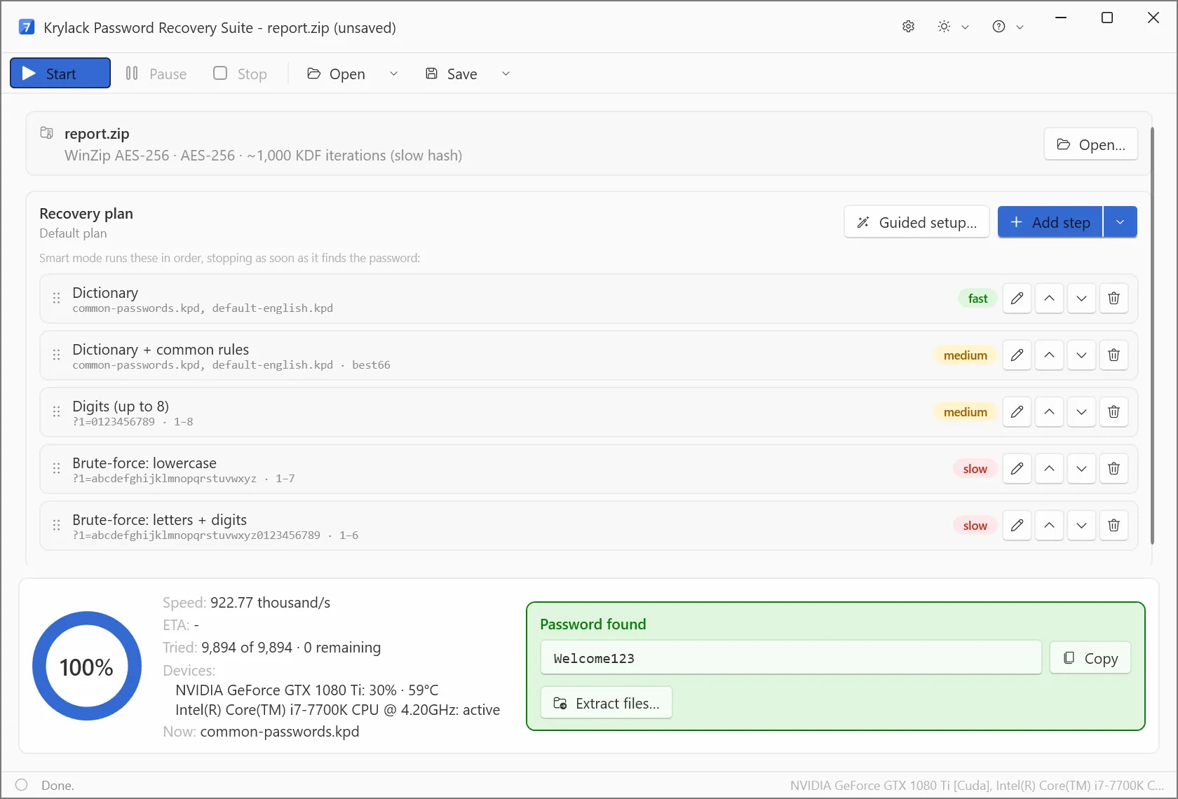 Krylack Password Recovery Suite recovering a file password