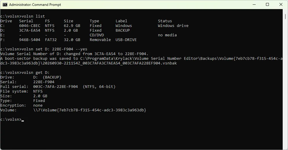 volsn command-line edition: volsn list, volsn set and volsn get output